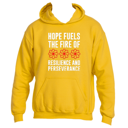 Introducing the Hope Fuels Hoodie by Divine Dispatch: a gold hoodie featuring the message &quot;Hope fuels the fire of resilience and perseverance&quot; alongside three vibrant red flower designs. This inspiring piece not only keeps you cozy but also contributes to meaningful charitable initiatives.