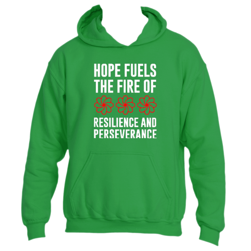 Introducing the Divine Dispatch Hope Fuels Hoodie: a green hoodie beautifully featuring &quot;Hope fuels the fire of resilience and perseverance&quot; above striking red flower illustrations. Ideal for those dedicated to charitable causes, this motivational hoodie provides both warmth and inspiration.