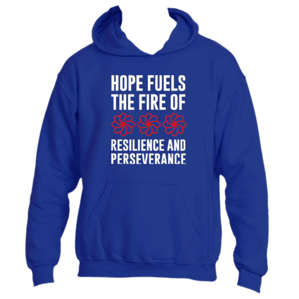 The motivating Hope Fuels Hoodie from Divine Dispatch, available in a radiant royal blue, showcases the empowering message &quot;Hope fuels the fire of resilience and perseverance&quot; accented with three bold red flowers. Ideal for individuals backing charitable causes, it serves as a symbol of fortitude and unity.