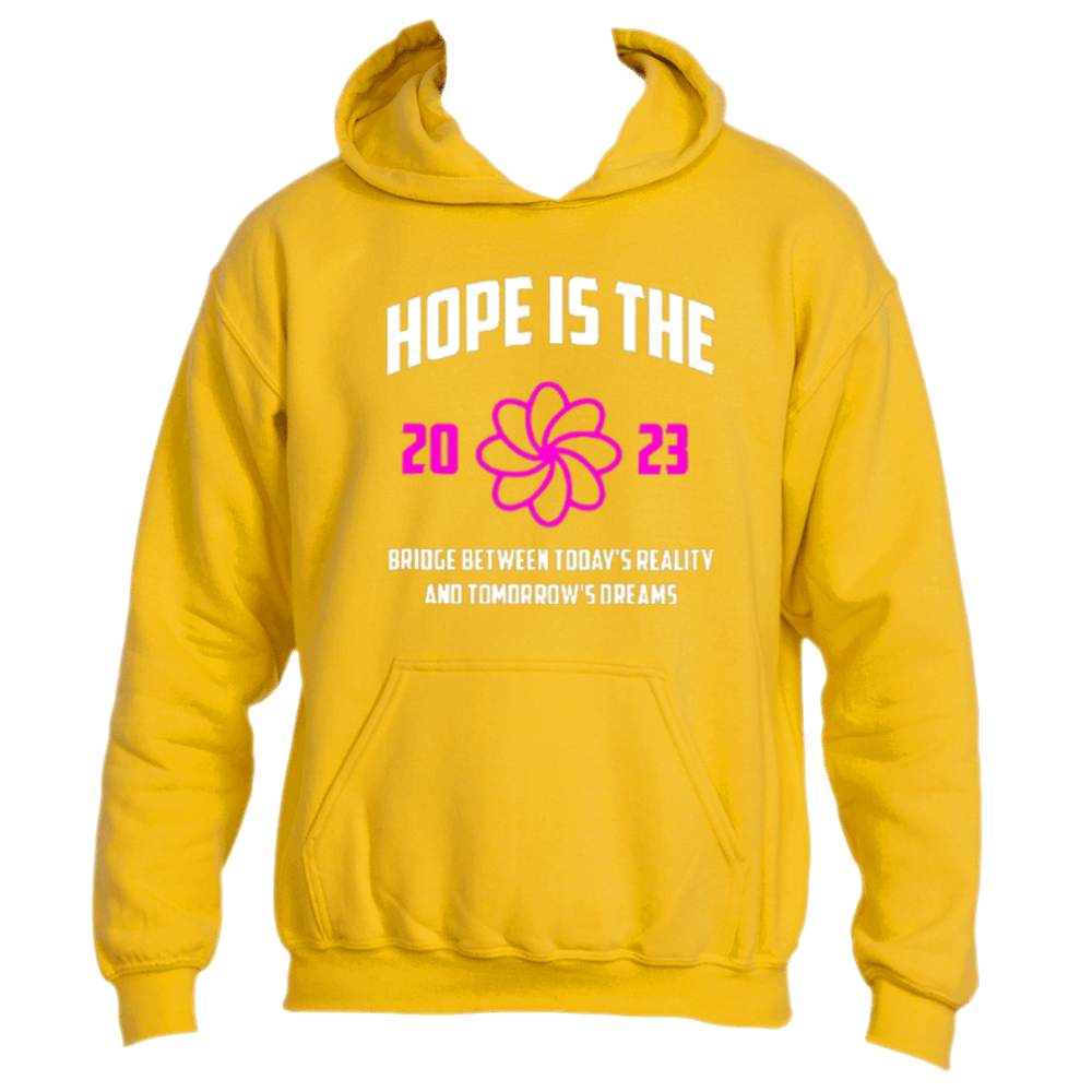 Gold &quot;Hope is the Bridge Hoodie&quot; by Divine Dispatch, featuring &quot;2023&