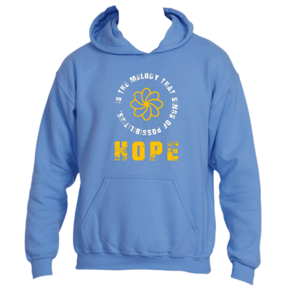 The &quot;Hope is the Melody Hoodie&quot; by Divine Dispatch boasts a Carolina Blue design embellished with a bright yellow flower and uplifting white text: &quot;Hope is the melody that sings possibilities.&quot; Beneath, the word &quot;HOPE&quot; stands out prominently in bold yellow. It&