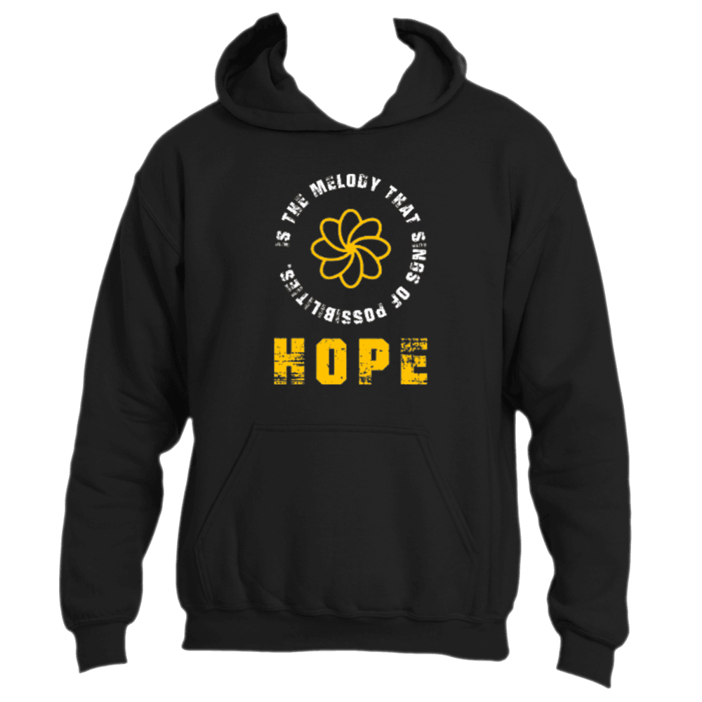 Introducing the &quot;Hope is the Melody Hoodie&quot; by Divine Dispatch: This black hoodie features a striking yellow flower design. It&