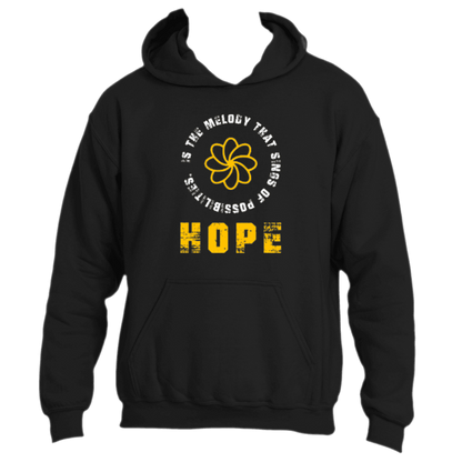 Introducing the &quot;Hope is the Melody Hoodie&quot; by Divine Dispatch: This black hoodie features a striking yellow flower design. It&