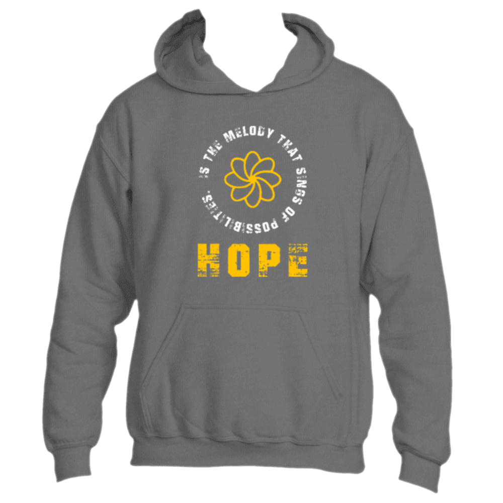 The &quot;Hope is the Melody Hoodie&quot; by Divine Dispatch showcases a dark heather grey design with a vibrant yellow flower and the uplifting message, &quot;Hope is the melody that sings of possibilities,&quot; symbolizing charitable initiatives for a brighter future.