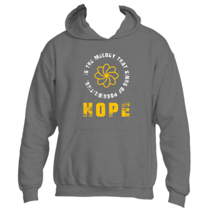 The &quot;Hope is the Melody Hoodie&quot; by Divine Dispatch showcases a dark heather grey design with a vibrant yellow flower and the uplifting message, &quot;Hope is the melody that sings of possibilities,&quot; symbolizing charitable initiatives for a brighter future.