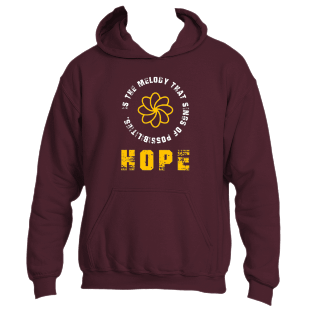 The &quot;Hope is the Melody Hoodie&quot; by Divine Dispatch showcases a rich maroon hue emblazoned with the inspiring phrase, &quot;Hope is the melody that sings of possibilities,&quot; surrounding a lively yellow flower design. This motivating hoodie not only enhances your style but also contributes to charitable initiatives, amplifying hope and positivity beyond mere fashion.