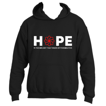 The Melody Hoodie by Divine Dispatch showcases a sleek black design with the word &quot;HOPE&quot; adorned in white, where the &quot;O&quot; is artistically replaced by a vibrant red flower. Beneath this captivating detail, smaller text elegantly states: &quot;is the melody that sings of possibilities.&quot; This motivational hoodie seamlessly blends fashion with an empowering message.