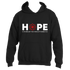 The Melody Hoodie by Divine Dispatch showcases a sleek black design with the word "HOPE" adorned in white, where the "O" is artistically replaced by a vibrant red flower. Beneath this captivating detail, smaller text elegantly states: "is the melody that sings of possibilities." This motivational hoodie seamlessly blends fashion with an empowering message.