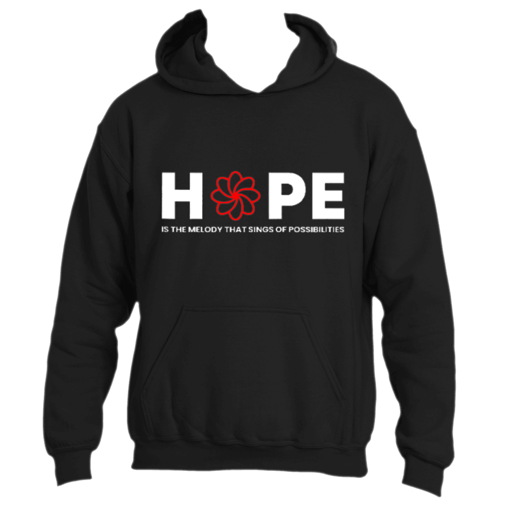 Introducing the inspiring Melody Hoodie from Divine Dispatch—a sleek black hoodie with the word &quot;HOPE&quot; boldly displayed in white, with a vibrant red flower artfully replacing the letter &quot;O.&quot; Beneath it, delicate text whispers, &quot;Is the melody that sings of possibilities.