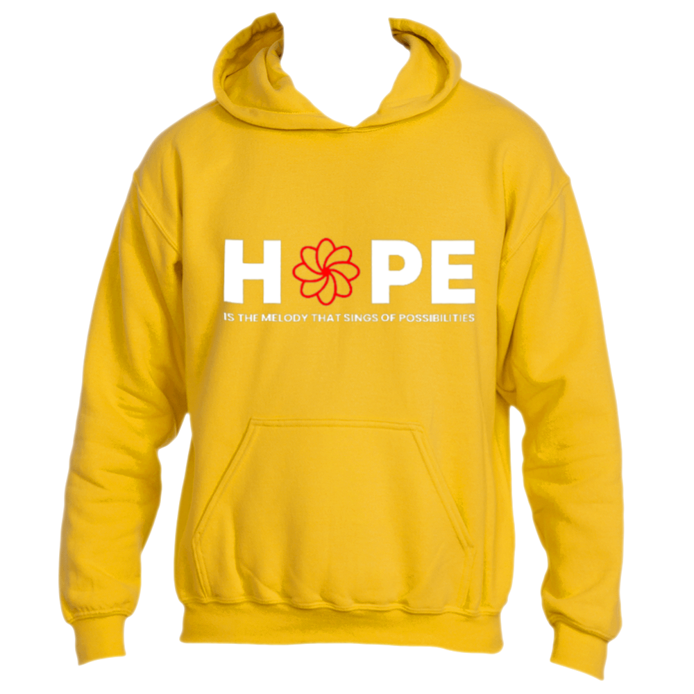 Introducing the inspiring Melody Hoodie by Divine Dispatch: a gold masterpiece adorned with the word &quot;HOPE&quot; and a vibrant red flower design. With the uplifting phrase &quot;is the melody that sings of possibilities&quot; below, it promises to brighten any day.