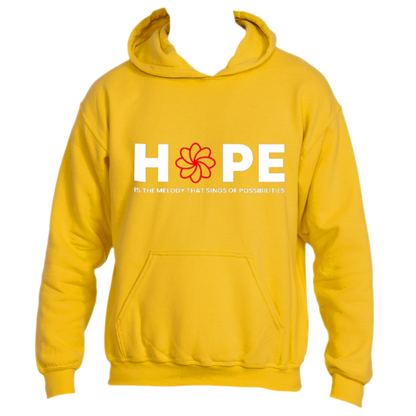 Introducing the inspiring Melody Hoodie by Divine Dispatch: a gold masterpiece adorned with the word &quot;HOPE&quot; and a vibrant red flower design. With the uplifting phrase &quot;is the melody that sings of possibilities&quot; below, it promises to brighten any day.