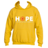 Introducing the inspiring Melody Hoodie by Divine Dispatch: a gold masterpiece adorned with the word "HOPE" and a vibrant red flower design. With the uplifting phrase "is the melody that sings of possibilities" below, it promises to brighten any day.