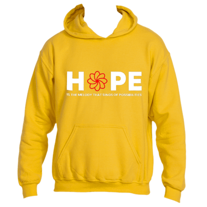 The Melody Hoodie by Divine Dispatch showcases a vibrant yellow design featuring the word &quot;HOPE,&quot; a striking red flower graphic, and the elegant phrase &quot;Is the melody that sings of possibilities&quot; printed below.