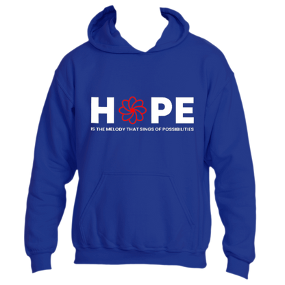 Introducing the Melody Hoodie by Divine Dispatch: a royal blue creation adorned with the word &quot;HOPE,&quot; where a vibrant red flower takes the place of the &quot;O.&quot; Below, it proudly states, &quot;IS THE MELODY THAT SINGS OF POSSIBILITIES,&quot; making this hoodie an emblem of optimism and new beginnings.