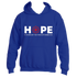 Introducing the Melody Hoodie by Divine Dispatch: a royal blue creation adorned with the word "HOPE," where a vibrant red flower takes the place of the "O." Below, it proudly states, "IS THE MELODY THAT SINGS OF POSSIBILITIES," making this hoodie an emblem of optimism and new beginnings.