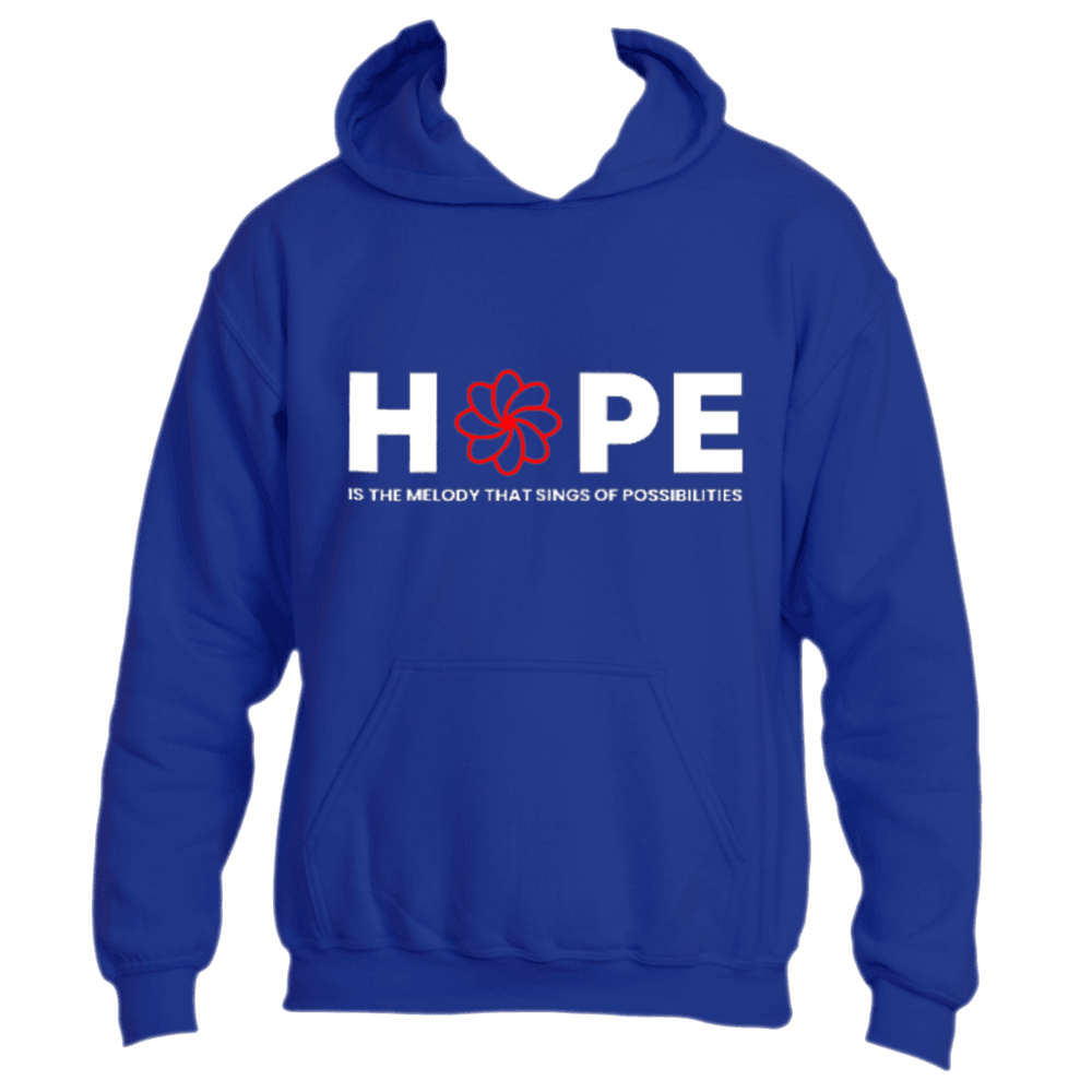 Introducing the inspiring Melody Hoodie by Divine Dispatch: This blue hoodie features &quot;HOPE&quot; in bold white letters, with the &