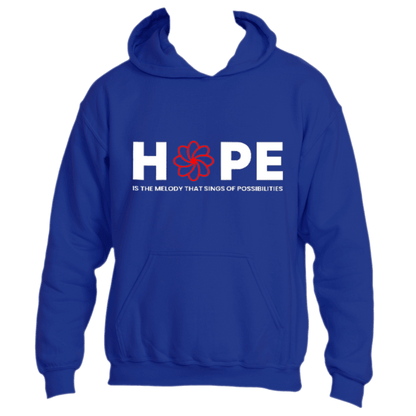 Introducing the inspiring Melody Hoodie by Divine Dispatch: This blue hoodie features &quot;HOPE&quot; in bold white letters, with the &