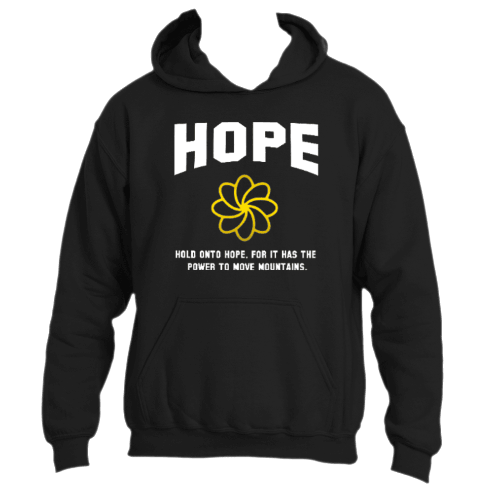 Introducing the inspiring Hold on to Hope Hoodie by Divine Dispatch: a black hoodie featuring &quot;HOPE&quot; in bold white letters at the top with a yellow stylized flower underneath. Below it, discover the comforting message: &quot;Hold onto hope, for it has the power to move mountains.