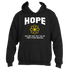 Introducing the inspiring Hold on to Hope Hoodie by Divine Dispatch: a black hoodie featuring "HOPE" in bold white letters at the top with a yellow stylized flower underneath. Below it, discover the comforting message: "Hold onto hope, for it has the power to move mountains.