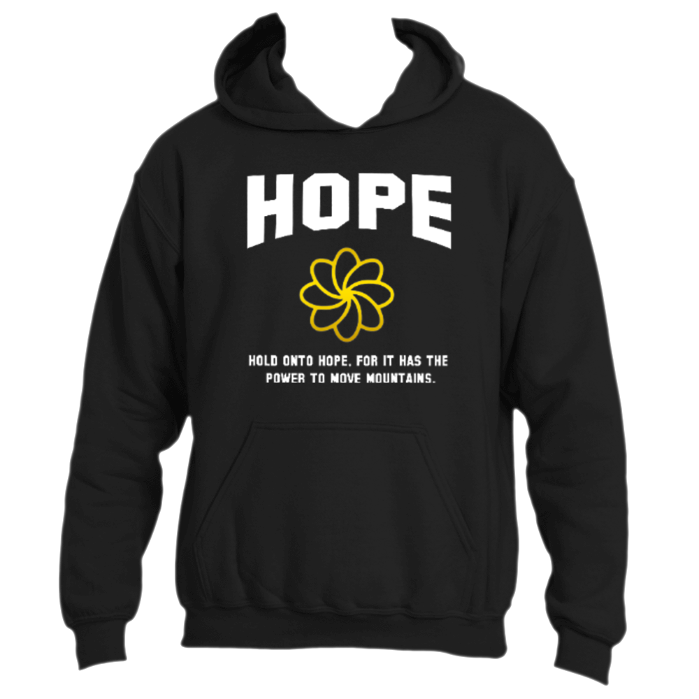 The &quot;Hold on to Hope Hoodie&quot; by Divine Dispatch combines comfort and inspiration seamlessly. This black hoodie, adorned with &quot;HOPE&quot; in bold white letters and a vibrant yellow abstract flower design, includes the uplifting message, &quot;HOLD ONTO HOPE, FOR IT HAS THE POWER TO MOVE MOUNTAINS,&quot; making it perfect for any inspiring occasion.