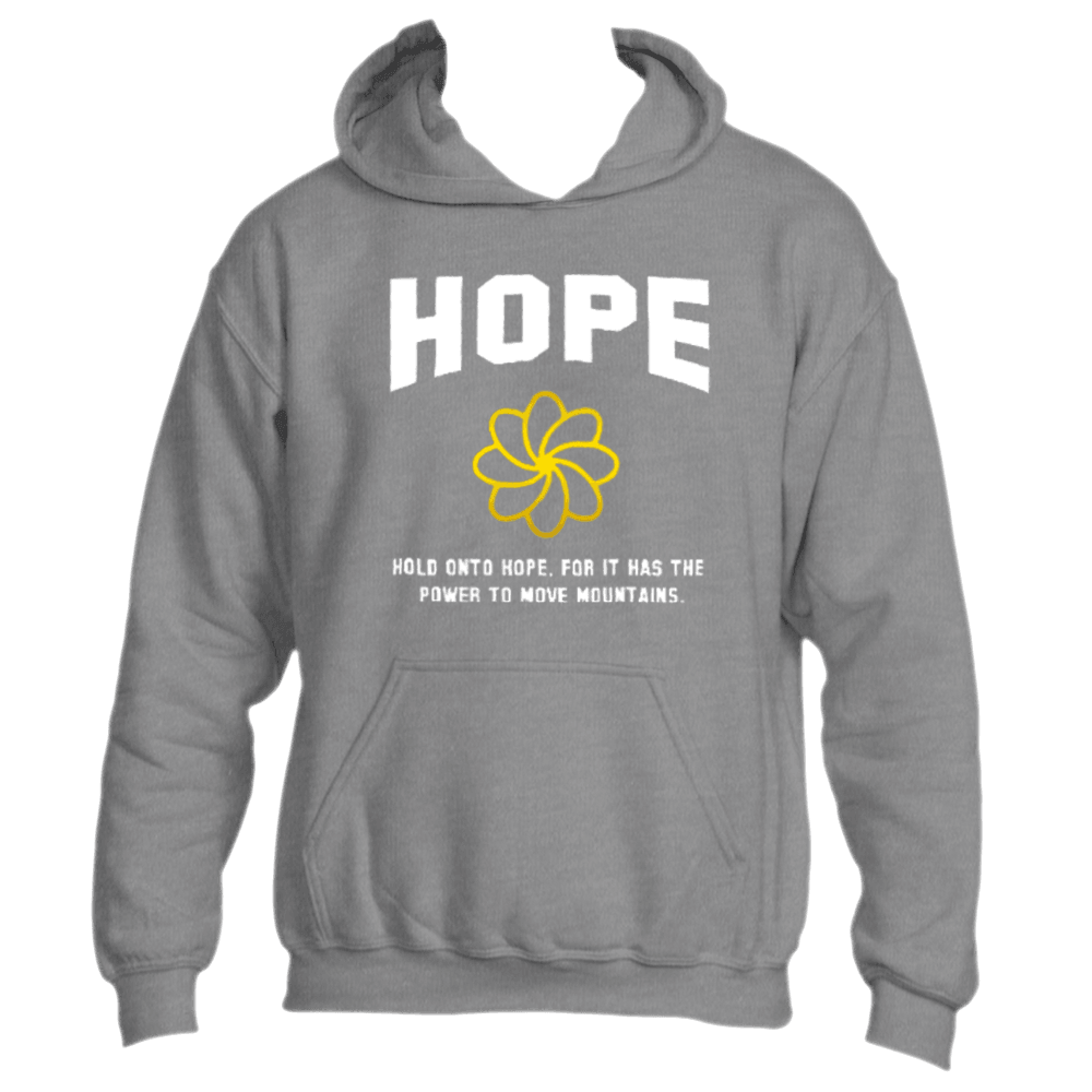 Introducing the &quot;Hold on to Hope&quot; hoodie by Divine Dispatch: a dark heather grey comfort piece with bold white &quot;HOPE&quot; lettering across the chest. Below, you&