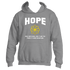 Introducing the "Hold on to Hope" hoodie by Divine Dispatch: a dark heather grey comfort piece with bold white "HOPE" lettering across the chest. Below, you&